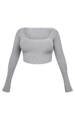 Online PrettyLittleThing Shape Knit Ribbed Long Sleeve Plunge Crop Top Grey