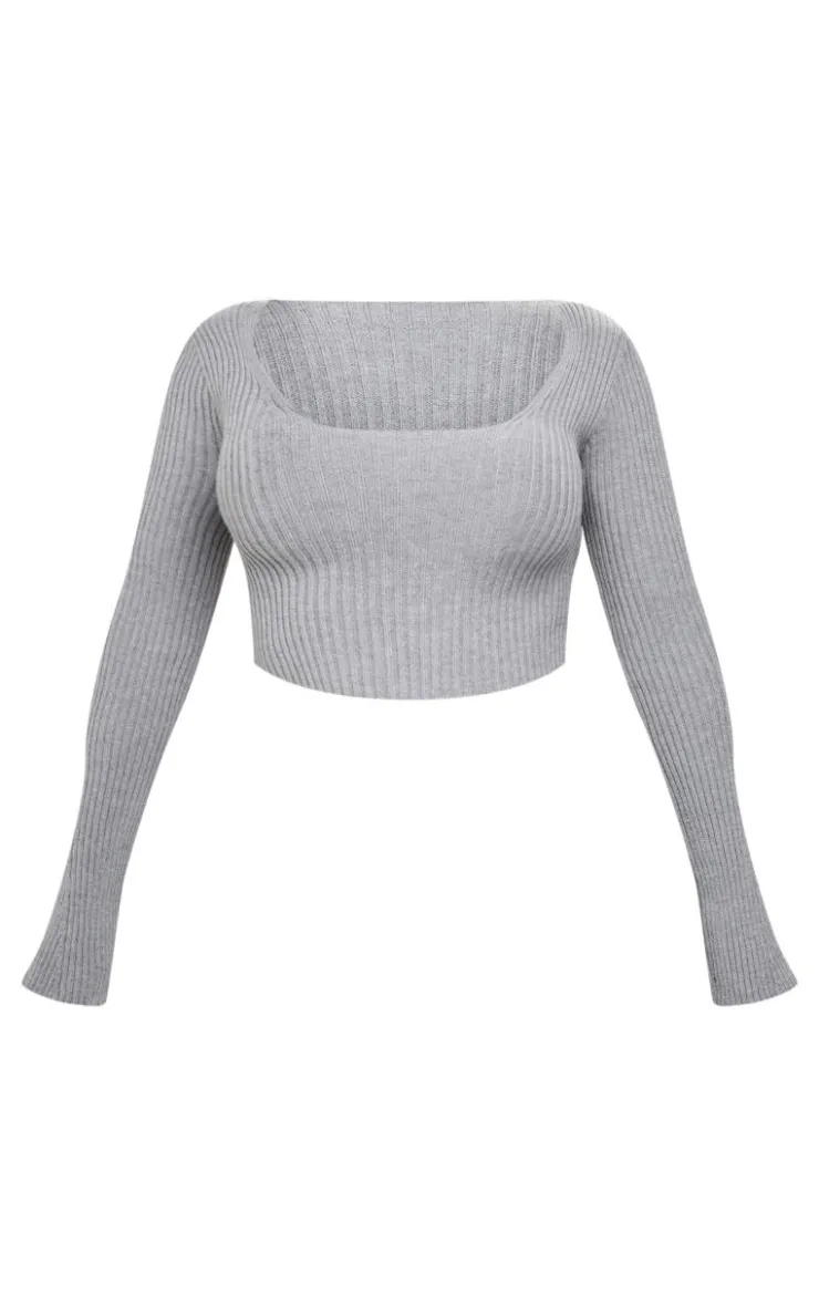 Online PrettyLittleThing Shape Knit Ribbed Long Sleeve Plunge Crop Top Grey