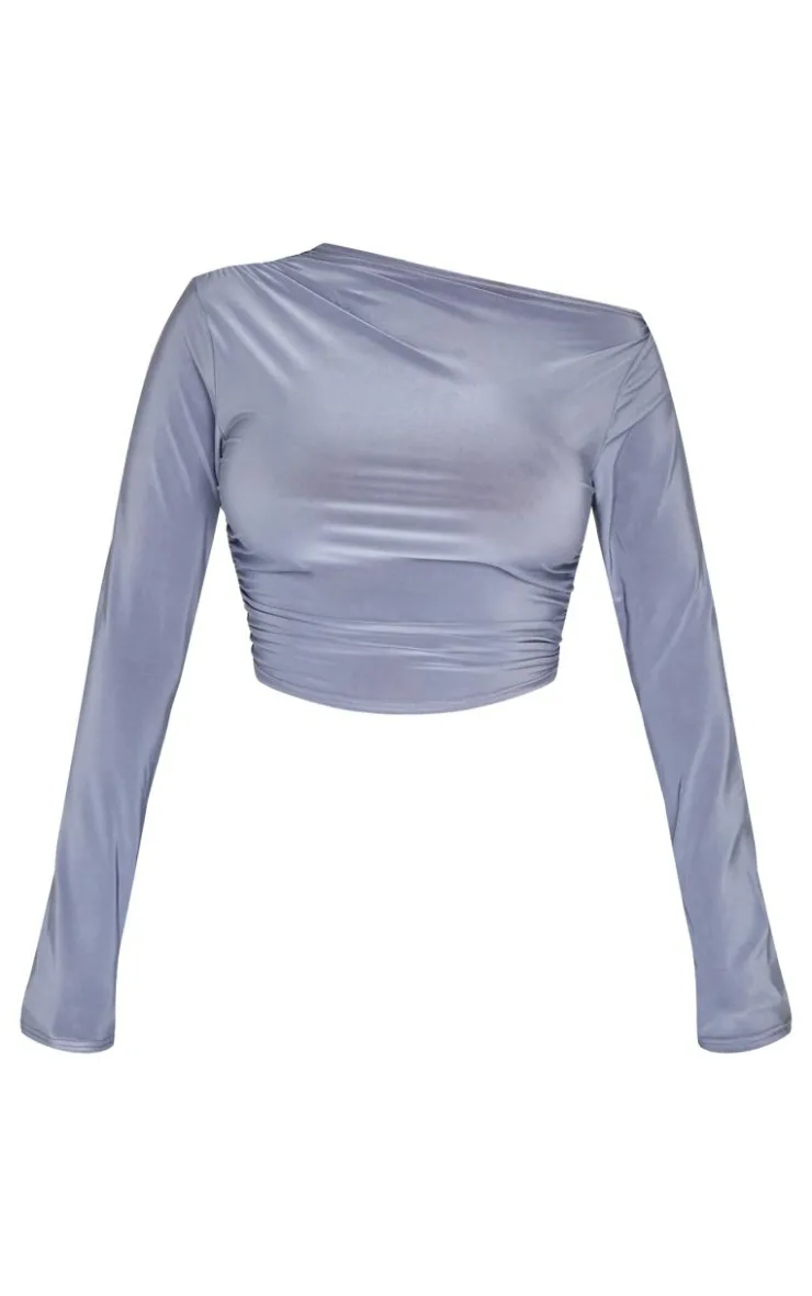 Outlet PrettyLittleThing Shape Ruched Off Shoulder Long Sleeve Top Grey