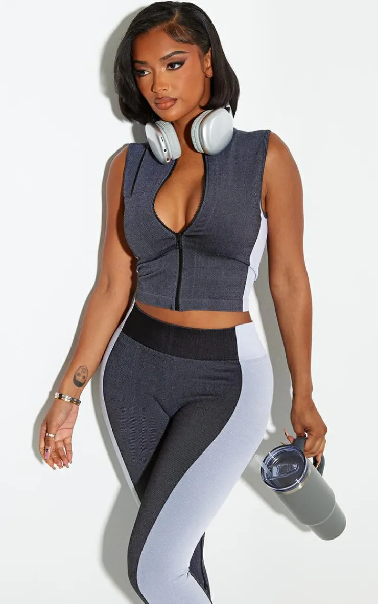 Sale PrettyLittleThing Shape Grey Seamless Zip Through Sleeveless Top White