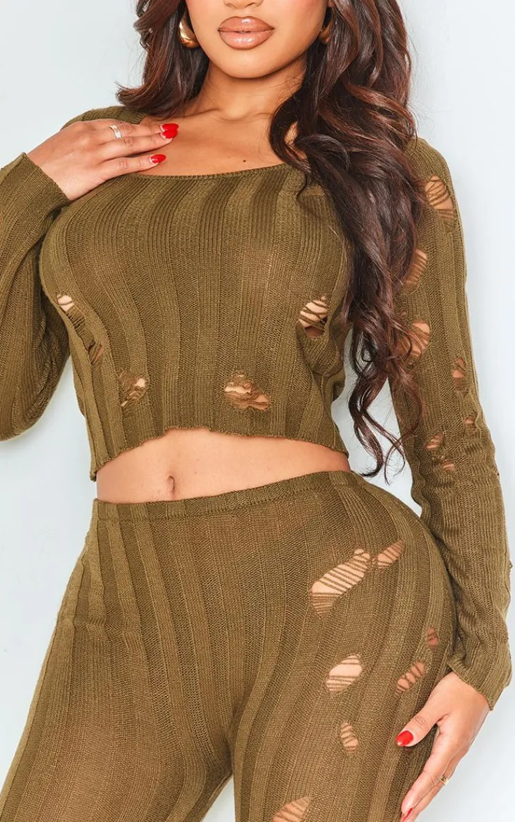 Outlet PrettyLittleThing Shape Distress Ribbed Knitted Long Sleeve Top Khaki