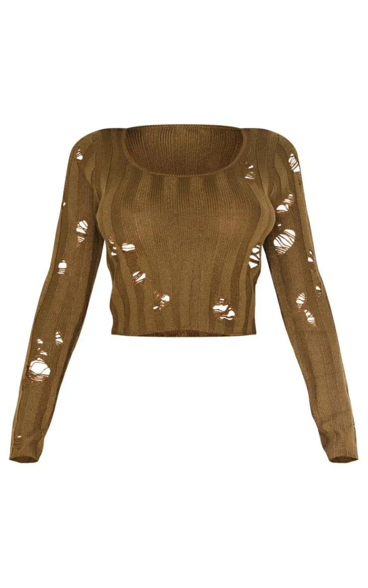 Outlet PrettyLittleThing Shape Distress Ribbed Knitted Long Sleeve Top Khaki