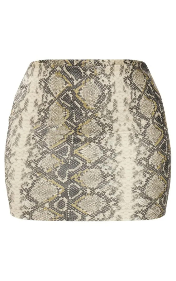 New PrettyLittleThing Shape Faux Leather Snake Print Mini Skirt Khaki