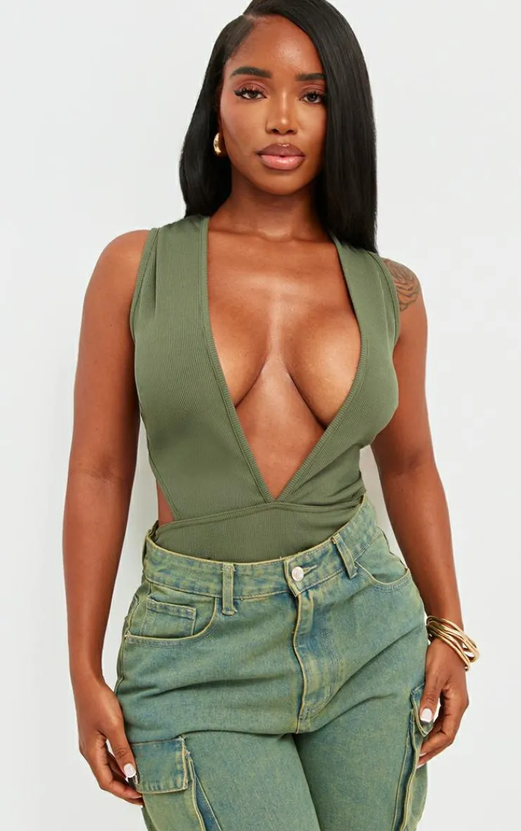 Shape Rib Plunge Front Open Back Bodysuit-PrettyLittleThing Hot