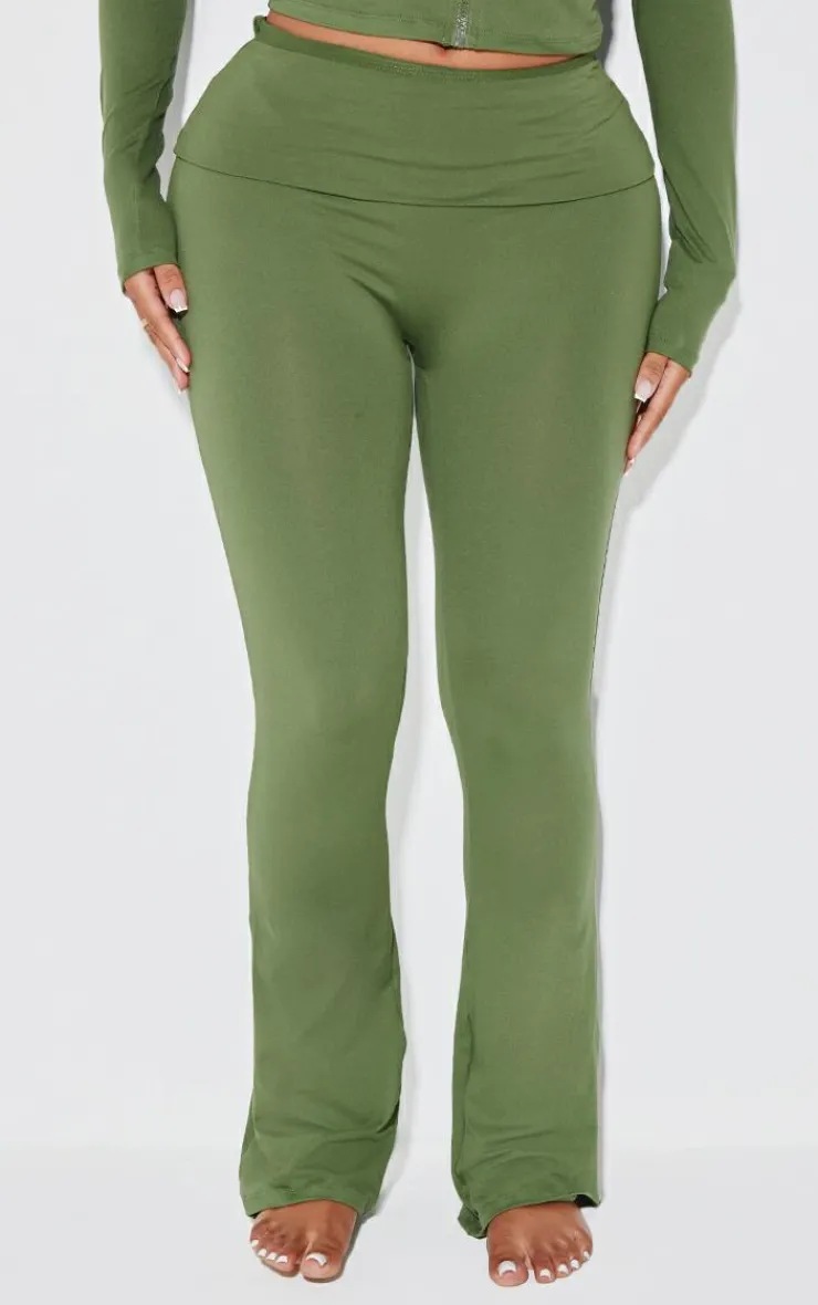 New PrettyLittleThing Shape Sculpted Foldover Waist Flare Pants Khaki