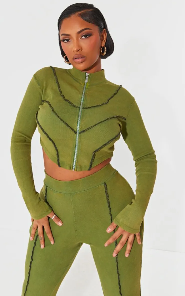 Online PrettyLittleThing Shape Soft Rib Seam Detail Long Sleeve Cropped Jacket Khaki