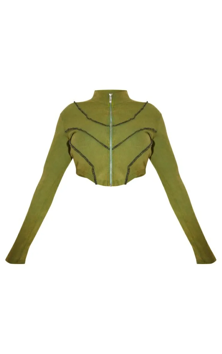 Online PrettyLittleThing Shape Soft Rib Seam Detail Long Sleeve Cropped Jacket Khaki