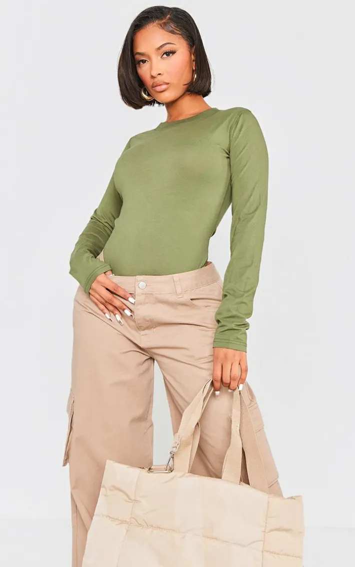 Shape Khaki Washed Cotton Long Sleeve Crew Neck Bodysuit