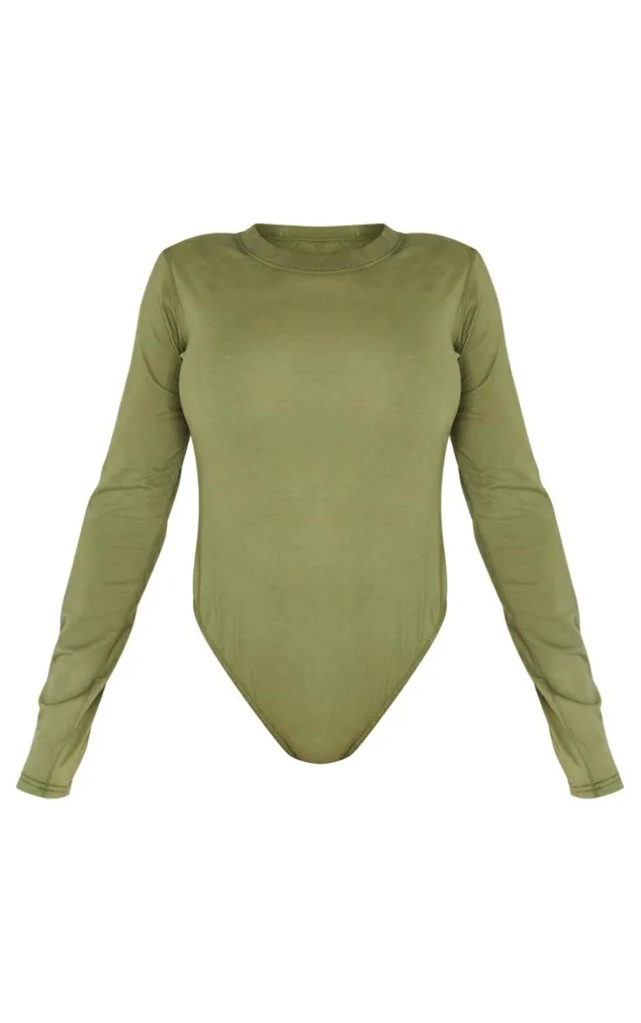 Shape Khaki Washed Cotton Long Sleeve Crew Neck Bodysuit