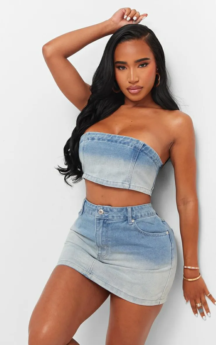 Outlet PrettyLittleThing Shape Washed Denim Low Rise Mini Skirt Light Blue