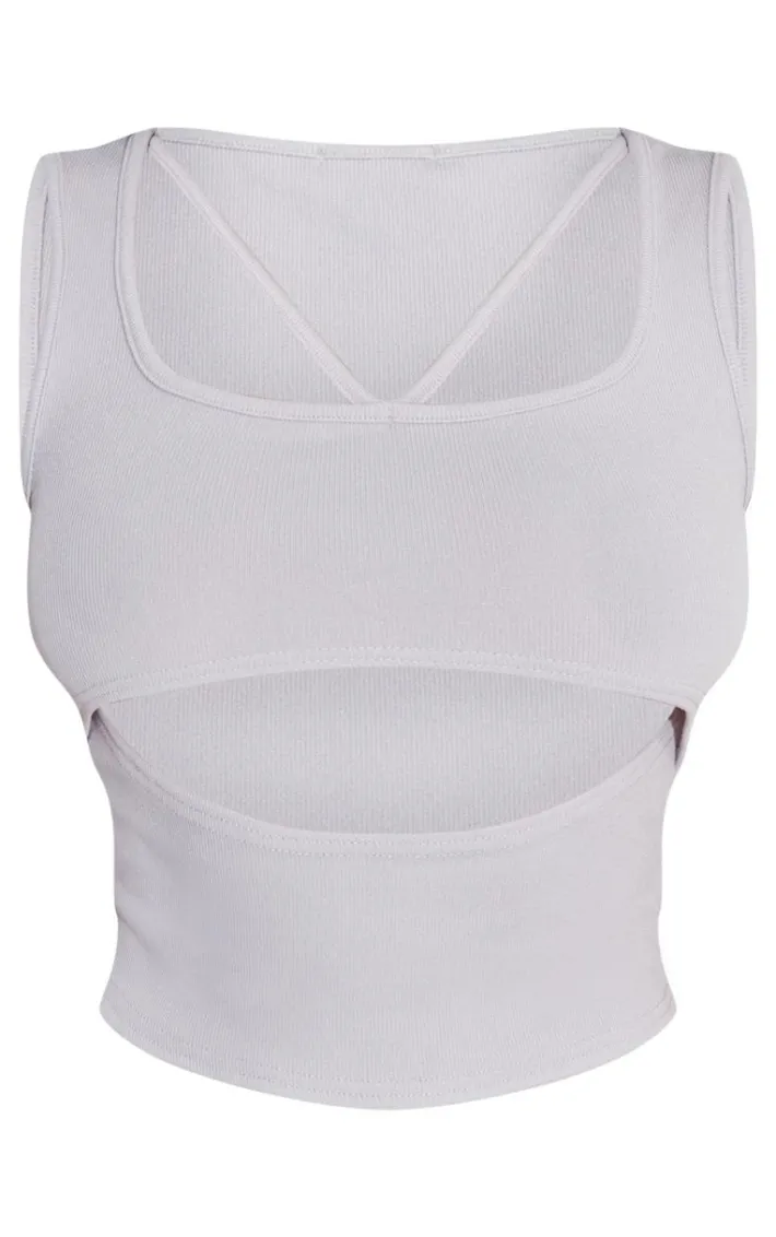 Shape Light Grey Ribbed Strap Detail Cut Out Crop Top