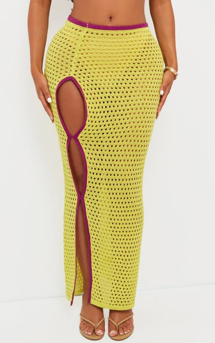 Best PrettyLittleThing Shape Knit Contrast Seam Maxi Skirt Lime