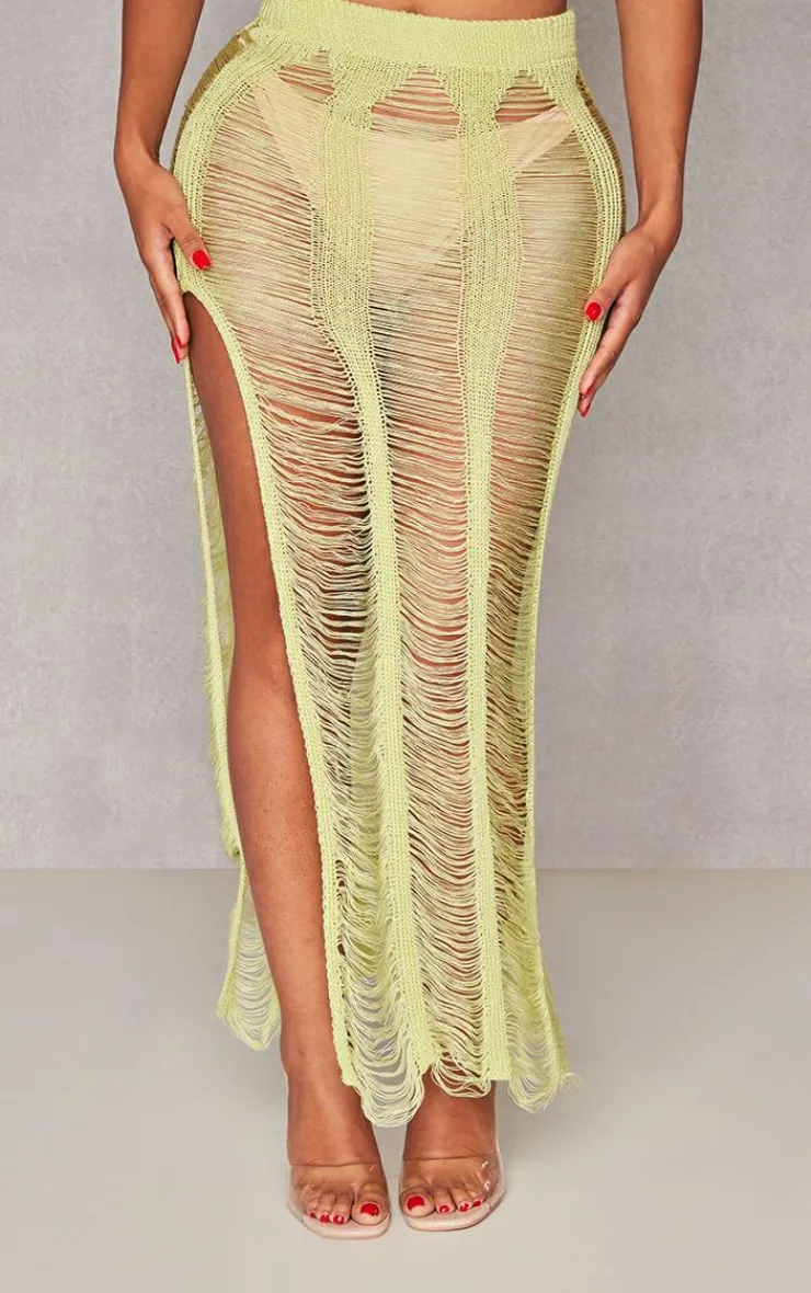 Online PrettyLittleThing Shape Knit Ladder Maxi Skirt Lime