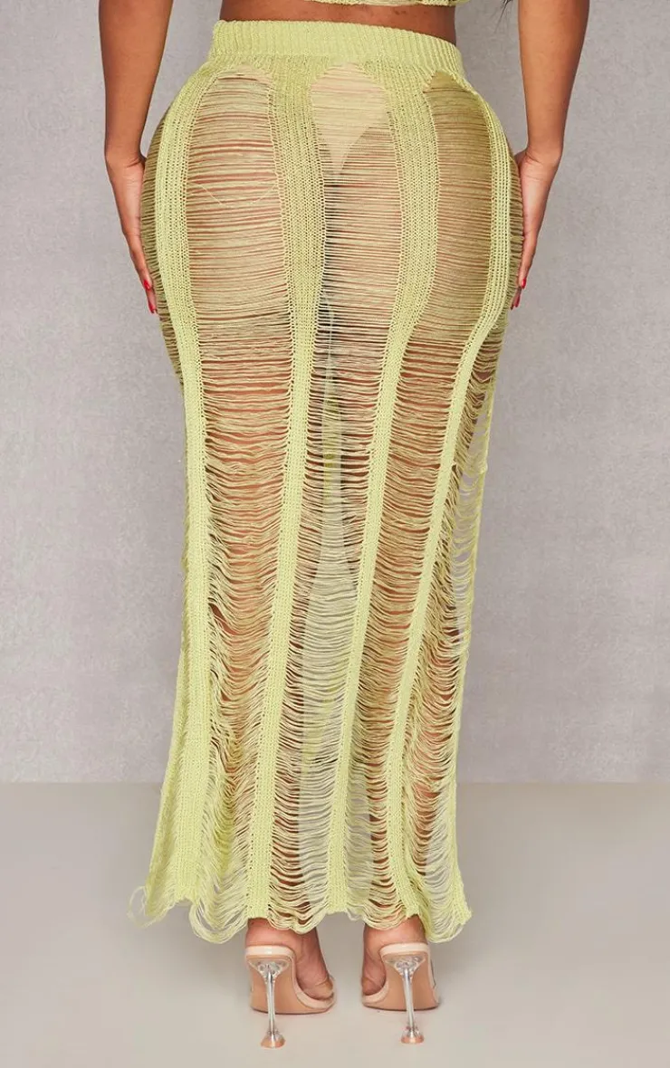 Online PrettyLittleThing Shape Knit Ladder Maxi Skirt Lime