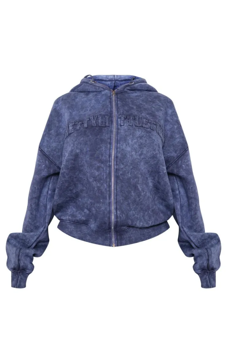 Outlet PrettyLittleThing Shape Embroidery Washed Zip Through Hoodie Navy