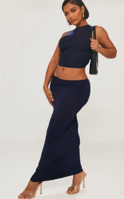 Online PrettyLittleThing Shape Jersey Ruched Side Sleeveless Crop Top Navy