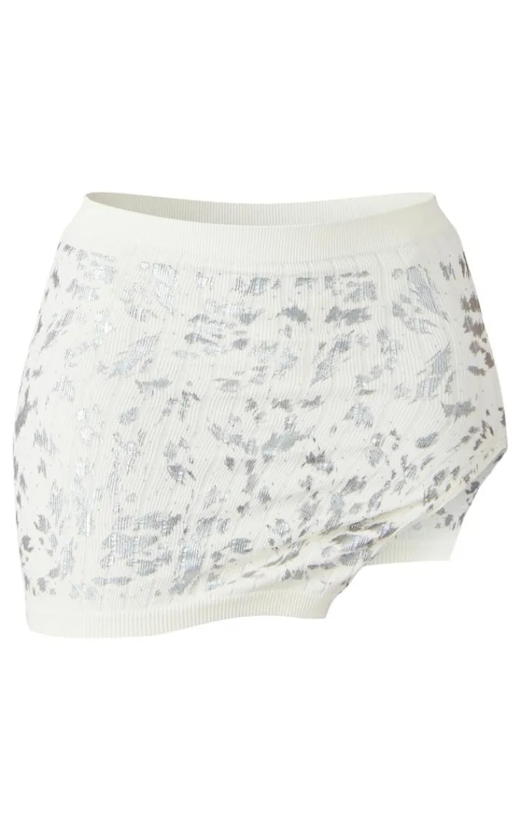 Outlet PrettyLittleThing Shape Printed Structured Snatched Rib Split Side Mini Skirt Off White