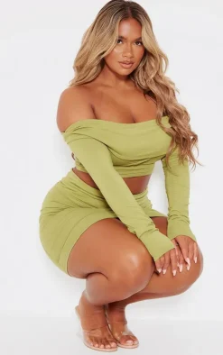 New PrettyLittleThing Shape Bardot Seam Detail Crop Top Olive