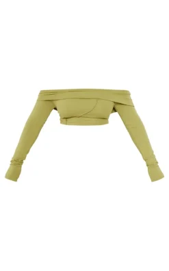 New PrettyLittleThing Shape Bardot Seam Detail Crop Top Olive