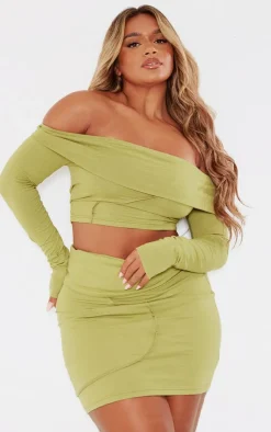 Clearance PrettyLittleThing Shape Bardot Seam Detail Foldover Crop Top Olive