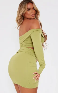 Clearance PrettyLittleThing Shape Bardot Seam Detail Foldover Crop Top Olive