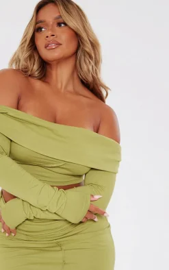 Clearance PrettyLittleThing Shape Bardot Seam Detail Foldover Crop Top Olive