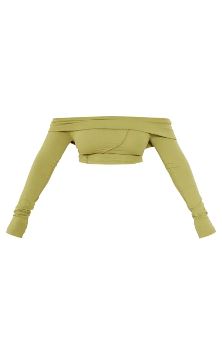 Clearance PrettyLittleThing Shape Bardot Seam Detail Foldover Crop Top Olive