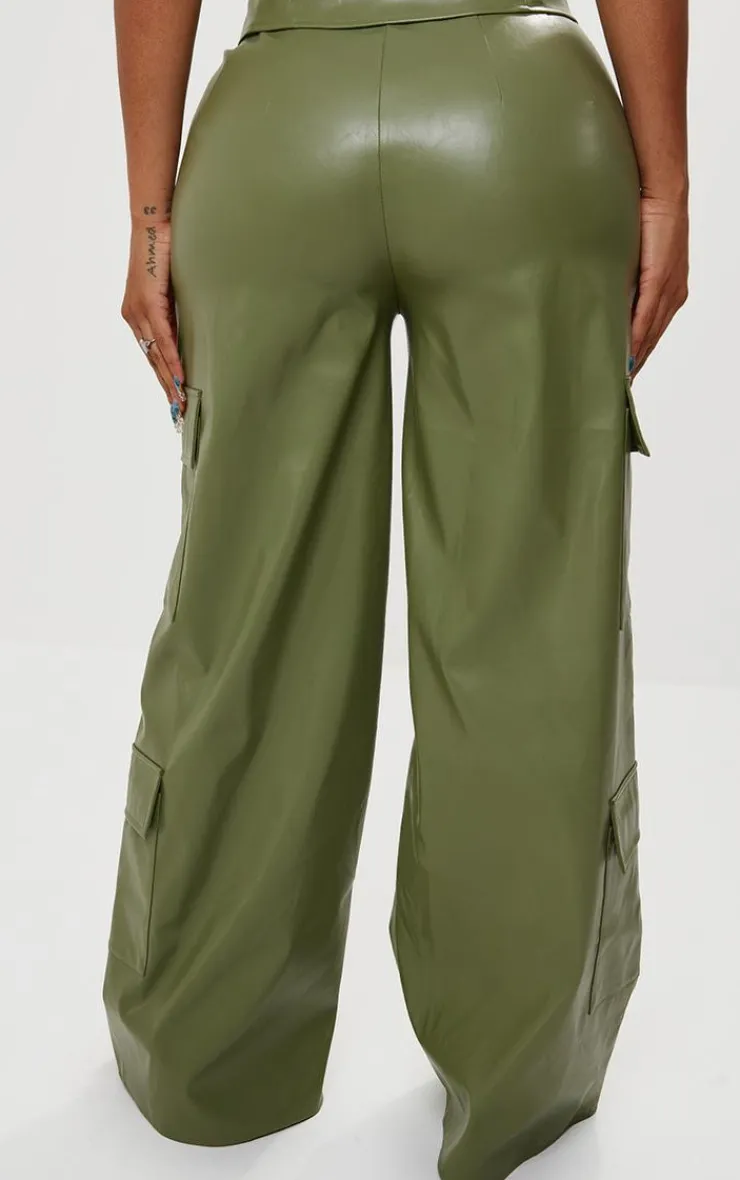 New PrettyLittleThing Shape Faux Leather Straight Leg Cargo Pants Olive
