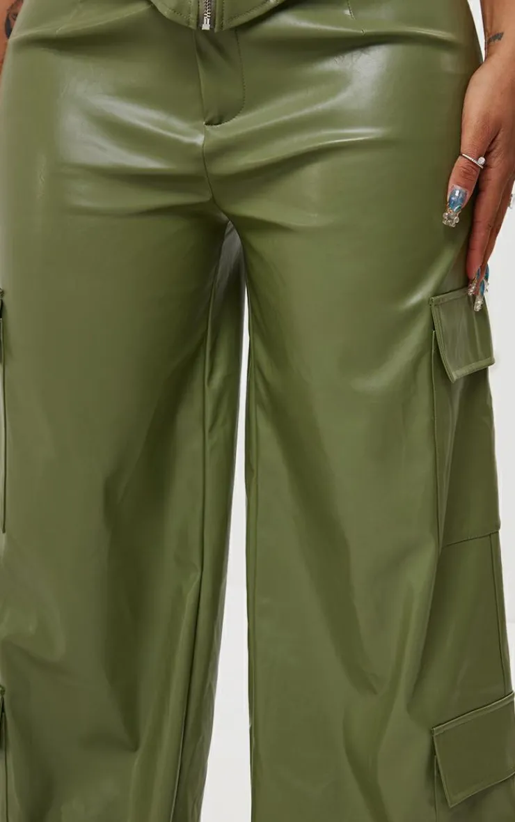 New PrettyLittleThing Shape Faux Leather Straight Leg Cargo Pants Olive