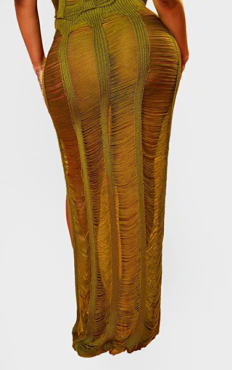 Hot PrettyLittleThing Shape Knit Ladder Maxi Skirt Olive