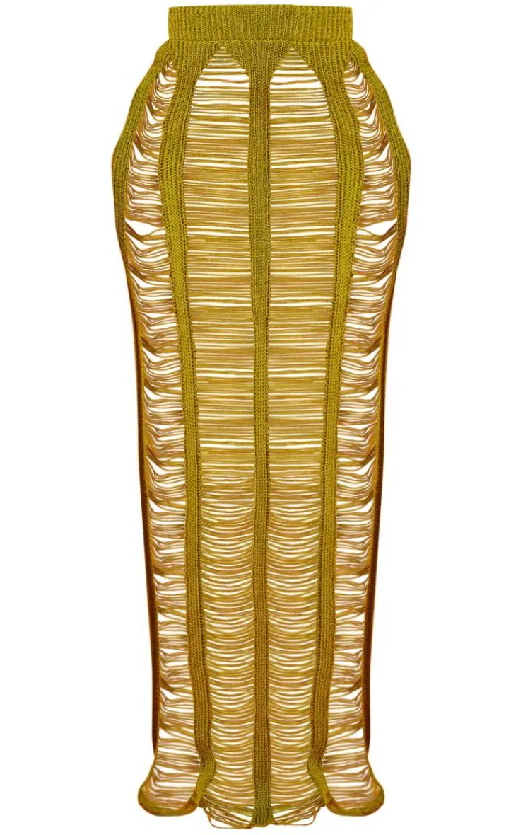 Hot PrettyLittleThing Shape Knit Ladder Maxi Skirt Olive