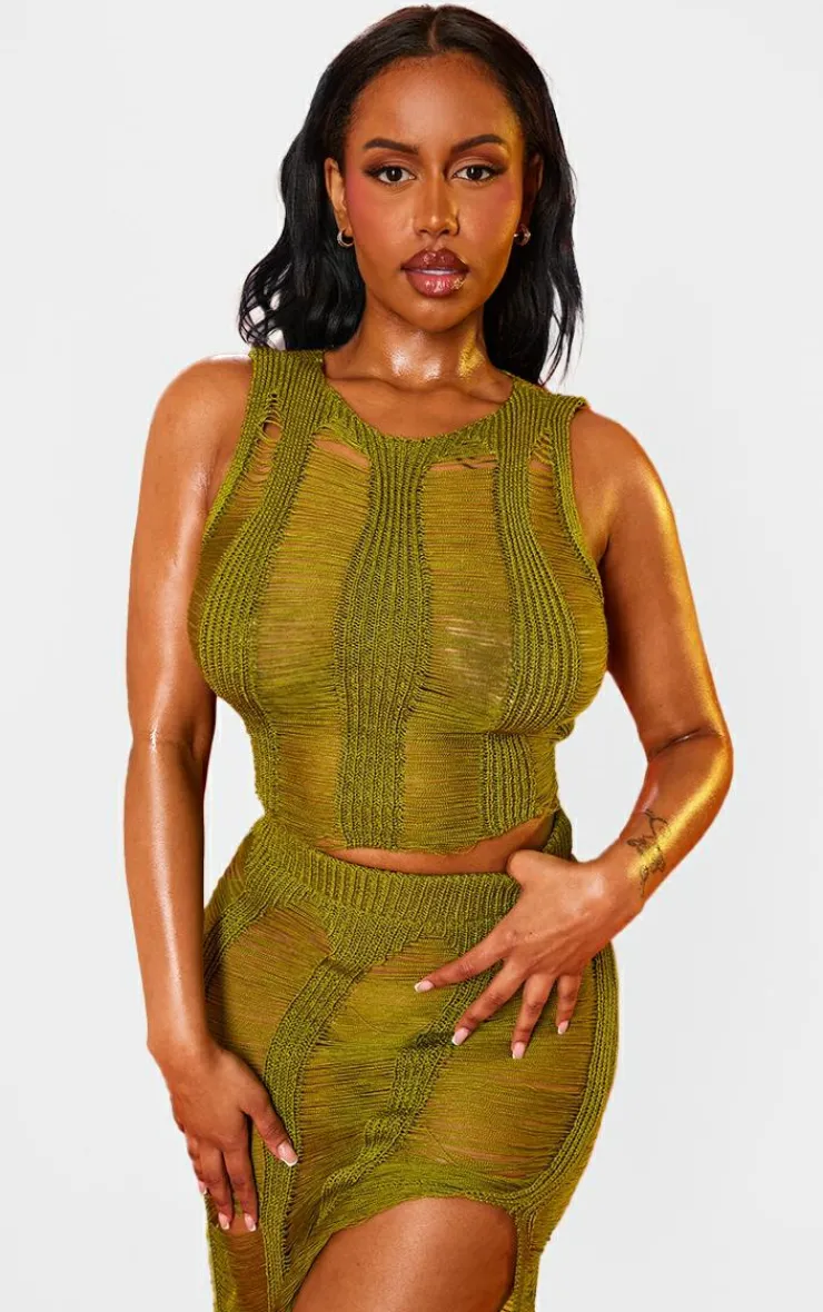 Hot PrettyLittleThing Shape Knit Ladder Racer Neck Longline Top Olive