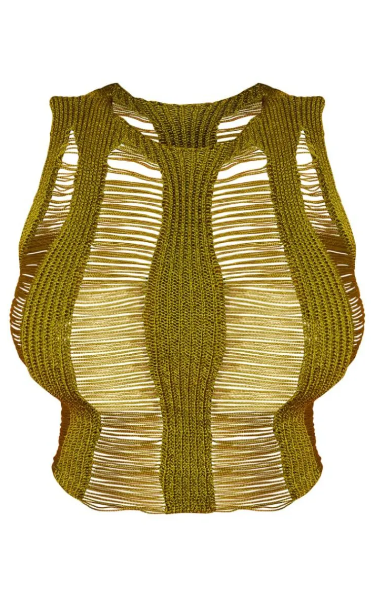 Hot PrettyLittleThing Shape Knit Ladder Racer Neck Longline Top Olive