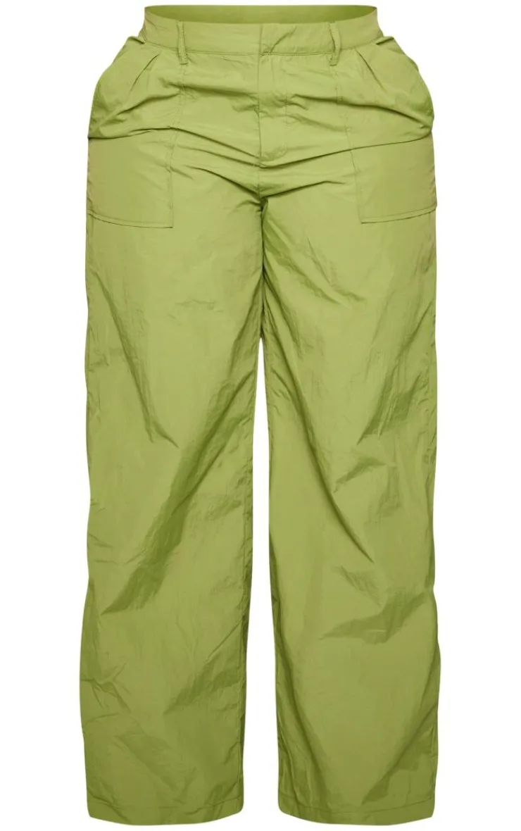 Hot PrettyLittleThing Shape Lightweight Parachute Wide Leg Pants Olive