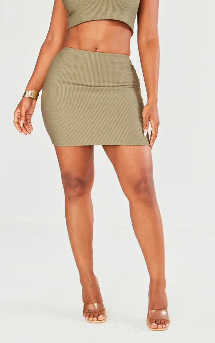 New PrettyLittleThing Shape Low Rise Ribbed Mini Skirt Olive