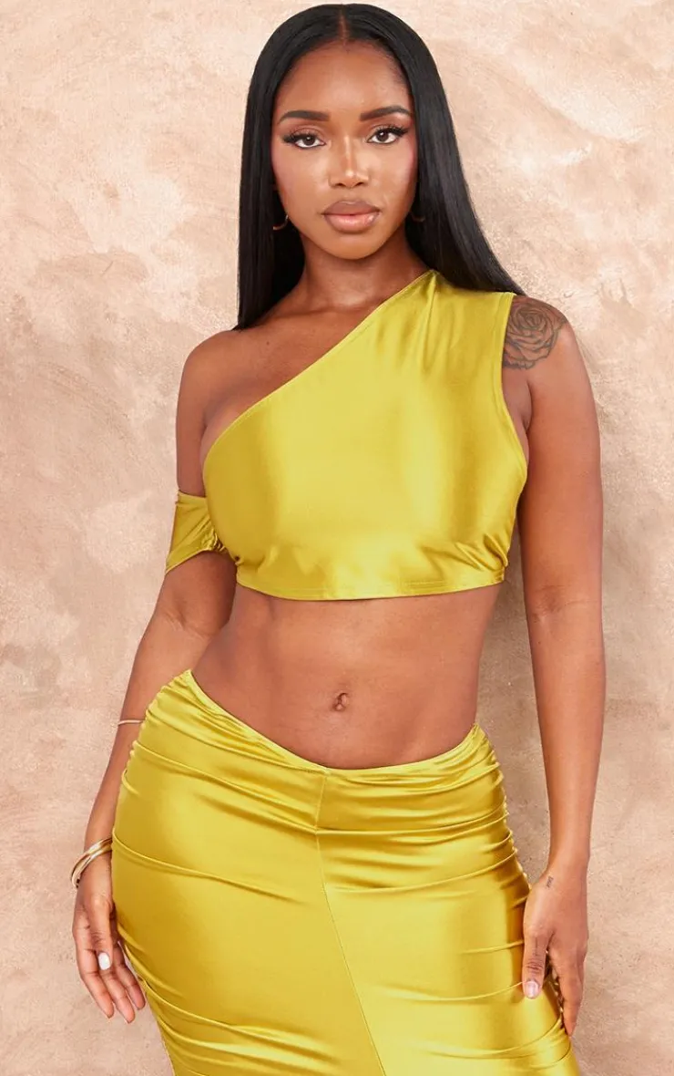 New PrettyLittleThing Shape Satin One Shoulder Crop Top Olive