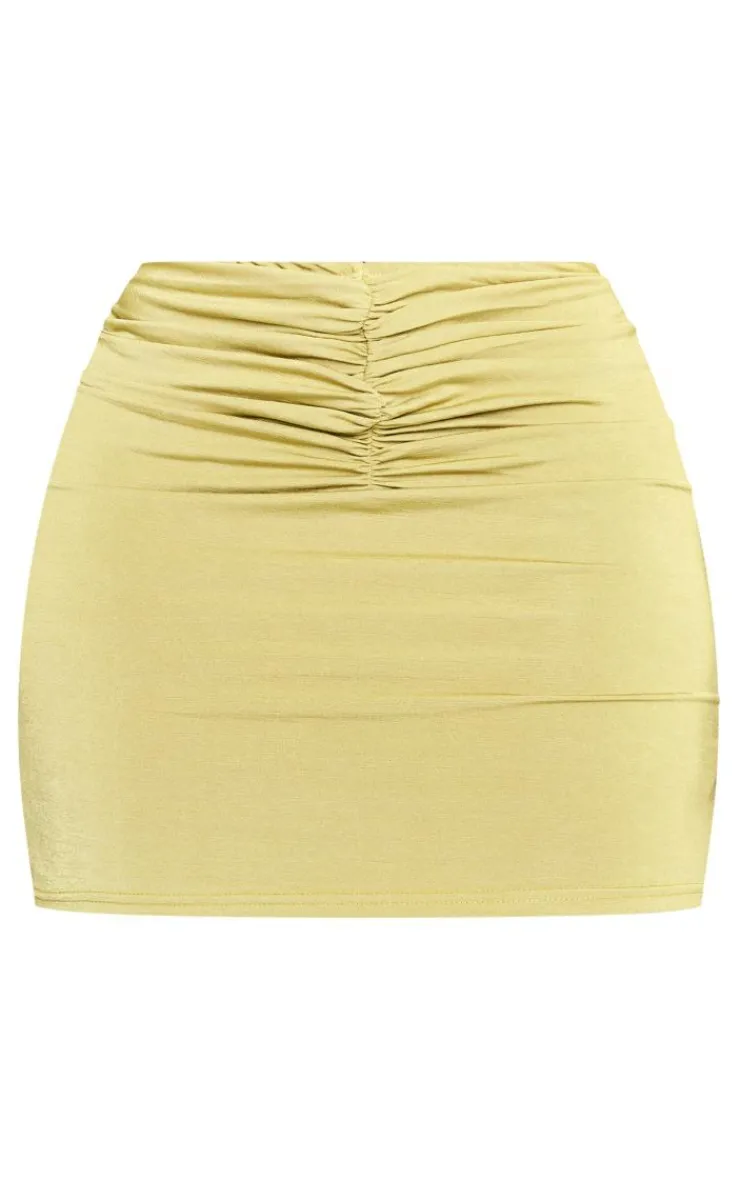 New PrettyLittleThing Shape Slinky Acetate Ruched Front Mini Skirt Olive