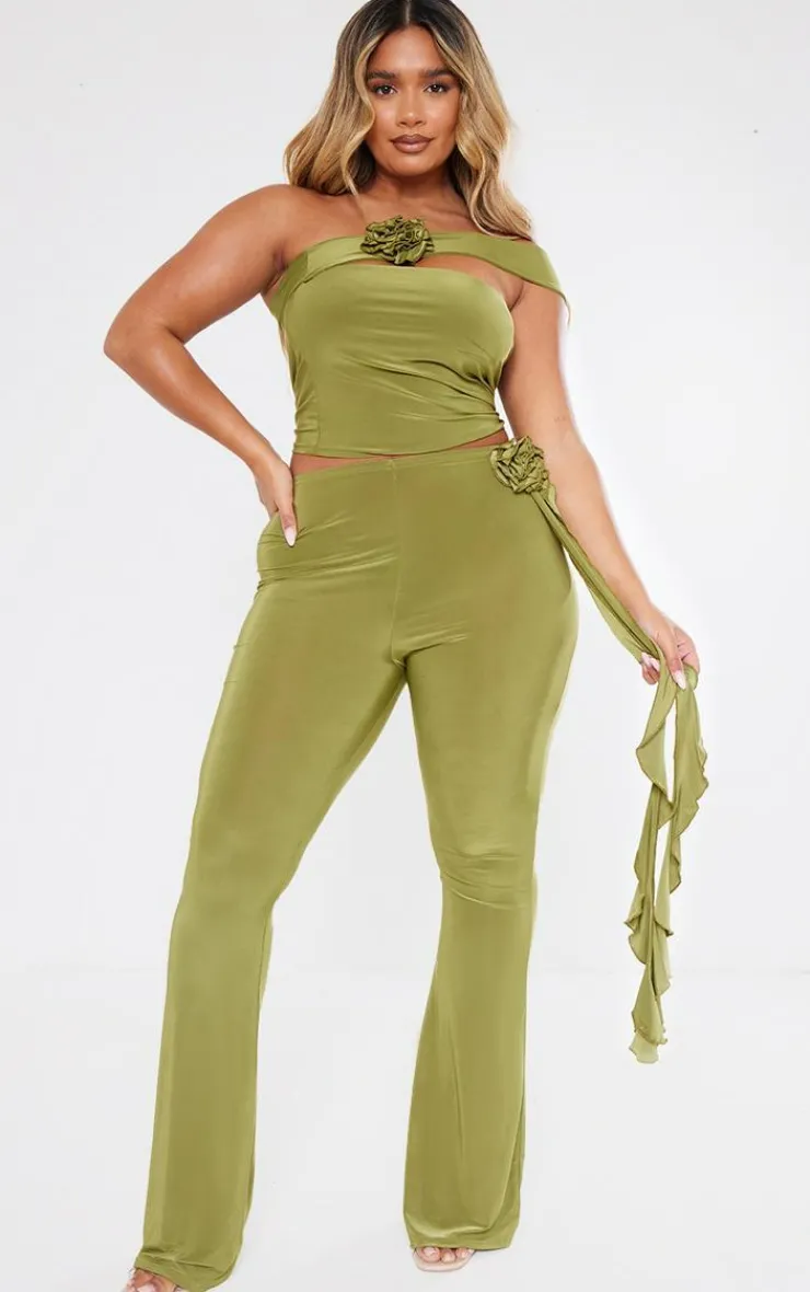 New PrettyLittleThing Shape Slinky Rose High Waist Flare Pant Olive