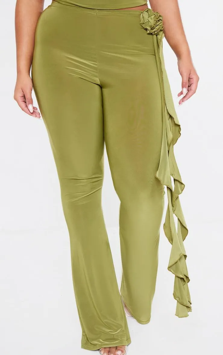 New PrettyLittleThing Shape Slinky Rose High Waist Flare Pant Olive