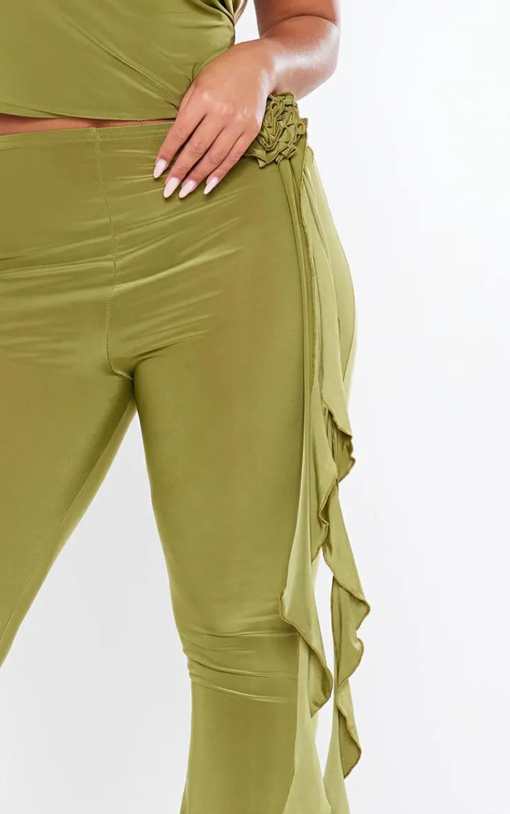 New PrettyLittleThing Shape Slinky Rose High Waist Flare Pant Olive