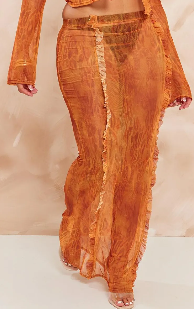 Hot PrettyLittleThing Shape Printed Mesh Ruffle Detail Maxi Skirt Orange