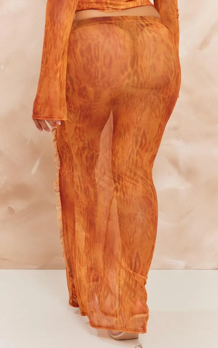 Hot PrettyLittleThing Shape Printed Mesh Ruffle Detail Maxi Skirt Orange