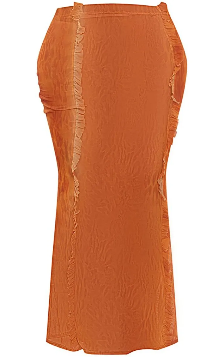 Hot PrettyLittleThing Shape Printed Mesh Ruffle Detail Maxi Skirt Orange