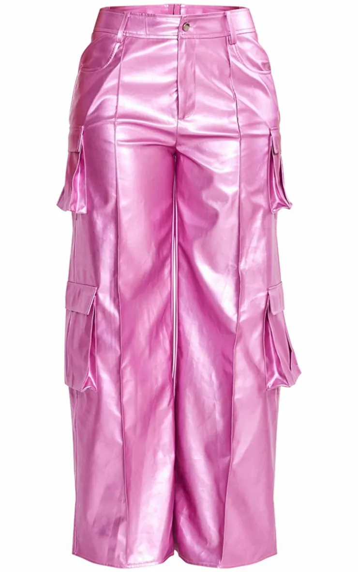 New PrettyLittleThing Shape Metallic Faux Leather Cargo Pants Pink