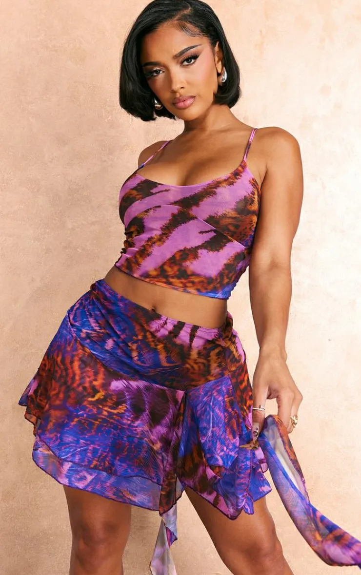 Clearance PrettyLittleThing Shape Zebra Printed Mesh Ruffle Skirt Purple