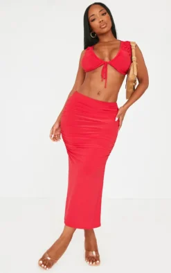 New PrettyLittleThing Shape Slinky Ruched Midaxi Skirt Red