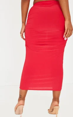 New PrettyLittleThing Shape Slinky Ruched Midaxi Skirt Red