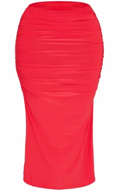 New PrettyLittleThing Shape Slinky Ruched Midaxi Skirt Red