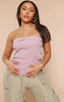 Shape Rose Denim Look Button Up Bandeau Crop Top
