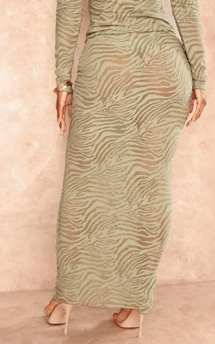 Discount PrettyLittleThing Shape Flocked Mesh Maxi Skirt Sage Green